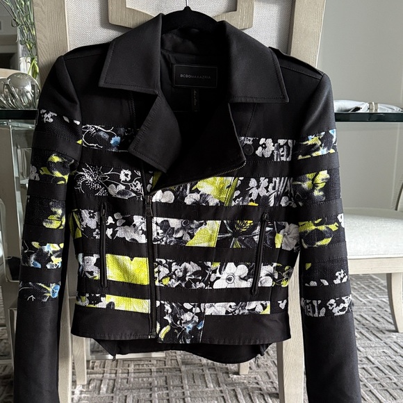 BCBGMaxAzria Jackets & Blazers - BCBGMaxAzria Women's Black and Yellow Floral Leather Jacket